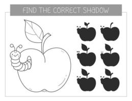 encuentra el libro de colorear de sombras correcto con una manzana y una oruga. juego educativo de página para colorear para niños. Linda manzana de dibujos animados con gusano. juego de combinación de sombras. ilustración vectorial vector