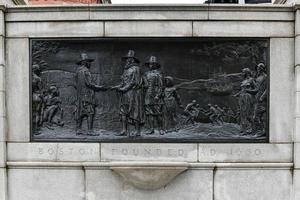 The Founders Memorial, also known as Founding of Boston, is a 1930 sculpture installed in Boston Common, in Boston, Massachusetts, 2022 photo