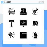 Solid Glyph Pack of 9 Universal Symbols of pulse heartbeat alarm stadium construction Editable Vector Design Elements