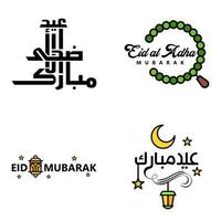 conjunto de 4 vectores eid mubarak feliz eid para ti en estilo de caligrafía árabe escritura rizada con estrellas lámpara luna