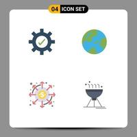 grupo de 4 iconos planos, signos y símbolos para engranajes, dinero, distribución de la tierra, cocina, barbacoa, elementos de diseño vectorial editables vector