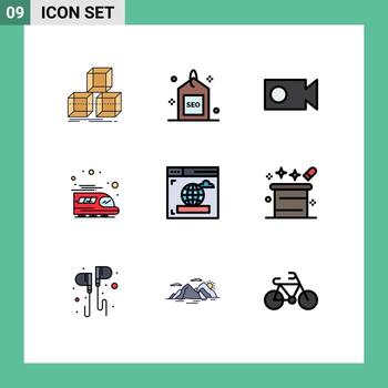 Group of 9 Filledline Flat Colors Signs and Symbols for web browser seo transport public Editable Vector Design Elements