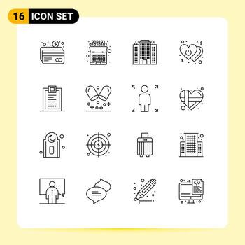 Editable Vector Line Pack of 16 Simple Outlines of coding power resort off heart Editable Vector Design Elements