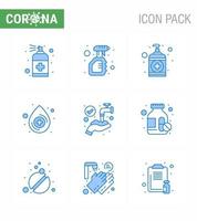 icono de consejos de precaución de coronavirus para la presentación de pautas de atención médica 9 paquete de iconos azules, como proteger la botella de gotas, lavado de sangre, coronavirus viral 2019nov, elementos de diseño de vectores de enfermedades