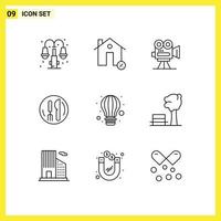 Pictogram Set of 9 Simple Outlines of plate service percentage hotel movie Editable Vector Design Elements