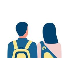 People students with backpack, couple back view. Young friends with school bag, learner, adolescent. Choice future way. Vector illustration