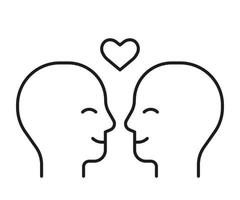 Couple people head profile with love heart, line icon. Face with love feeling, relationship in family. Two lovers look at each other. Valentines day. Vector illustration