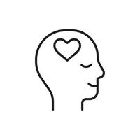 Head profile with love heart, mental health, line icon. Face with self love feeling. Satisfaction of mind, psychology. Vector illustration