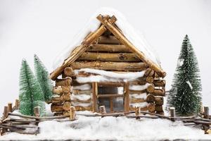 casa de madera en miniatura y árboles de navidad en la nieve. foto