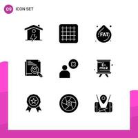 conjunto de 9 glifos sólidos vectoriales en cuadrícula para que el usuario elimine elementos de diseño vectorial editables de búsqueda cruzada de dieta de usuario vector