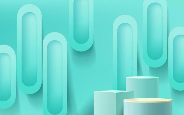 Minimal scene with geometrical forms. cylinder podiums in leaves. scene to show cosmetic product, showcase, shopfront, display case. 3d illustration.