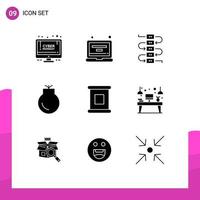 Set of 9 Vector Solid Glyphs on Grid for preserves canned music weapons medal Editable Vector Design Elements