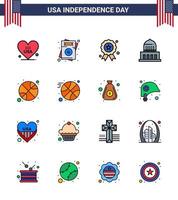 Flat Filled Line Pack of 16 USA Independence Day Symbols of ball usa holiday landmark building Editable USA Day Vector Design Elements