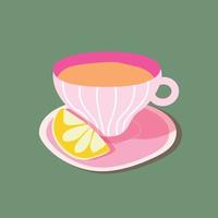 taza de té brillante de dibujos animados con limón aislado sobre fondo oscuro. dibujos animados de tea break.vector. puedes usar en el menú, en la tienda, en la barra, tarjetas o stickers. vector