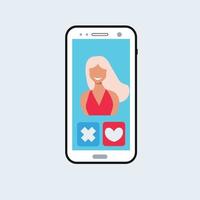 Smiling woman on mobile phone screen. The concept of virtual relationships or dating in the social networks of the Internet. Vector illustration