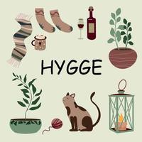 conjunto de elementos hygge con texto. ilustración dibujada a mano de lindas decoraciones interiores. agregue un ambiente acogedor y una atmósfera a su diseño con esta colección de vectores aislados. estilo de vida escandinavo