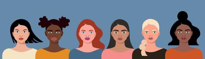 Women diversity concept. Group of multiethnic female characters. Portraits of caucasian, asian, black girls standing together. Isolated flat vector