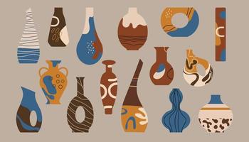 Ceramic Vases and random Abstract doodle objects. Abstraction, Pottery concept. Various textures. Hand drawn Vector set. Trendy colorful illustration. All elements are isolated