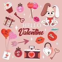 Valentine's Day Holiday Clipart Set. Lettering, camera, hare and other decorative elements for design. Vector illustration for valentine's day in flat trendy style for digital use.