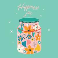 Mason jar with flowers. Retro garden style glass jar full of flowers and hearts. Modern hand-drawn vector illustration. Happiness jar and trendy text. Beautiful isolated element for web and print.