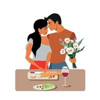 A young happy couple is preparing a festive romantic dinner. Family fun together. Loving people stay at home. A man gives a woman flowers. Flat vector
