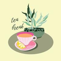 Cartoon cup of tea with lemon. Tea break.Vector cartoon. You can use on the menu, in the store, in the bar, cards or stickers. vector