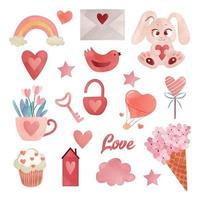 artículos y elementos lindos de acuarela para las tarjetas del día de San Valentín: corazón, dulces, liebre, flores, llave, caramelo, carta, corazones, rosa, piruletas vector