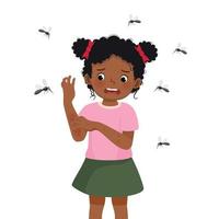 cute little African girl scratching her itchy rash and swelling arm allergy from mosquitoes and insects bites vector