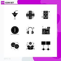 Group of 9 Solid Glyphs Signs and Symbols for headphone navigation mobile direction gps Editable Vector Design Elements