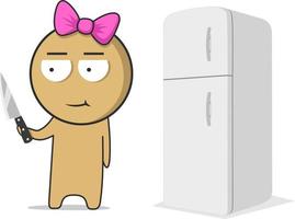 Girl with a knife in the kitchen next to the refrigerator vector