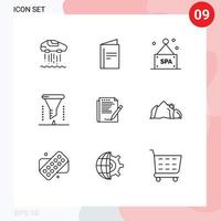 conjunto de 9 contornos vectoriales en la cuadrícula para elementos de diseño de vectores editables de embudo químico de filtro de signo de embudo de informe