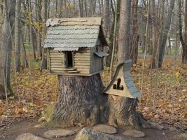 fairy tale houses are bird feeders in the autumn park photo