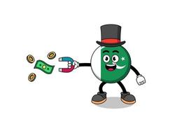 ilustración de personaje de la bandera de pakistán atrapando dinero con un imán vector