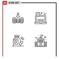 4 User Interface Line Pack of modern Signs and Symbols of coins pills down security building Editable Vector Design Elements