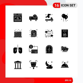 grupo de 16 glifos sólidos modernos establecidos para elementos de diseño vectorial editables de emisión de contaminación del proyector de diapositivas de naturaleza bloon vector