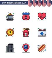 grupo de 9 líneas rellenas planas establecidas para el día de la independencia de los estados unidos de américa, como comida frise amor signo dinero elementos de diseño vectorial del día de estados unidos editables vector