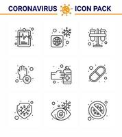 Coronavirus Prevention Set Icons 9 Line icon such as hands dirty test covid tubes viral coronavirus 2019nov disease Vector Design Elements