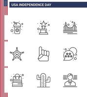 Line Pack of 9 USA Independence Day Symbols of hand usa gate star men Editable USA Day Vector Design Elements