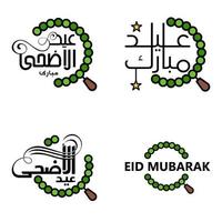 paquete moderno de 4 ilustraciones vectoriales de saludos deseos para el festival islámico eid al adha eid al fitr linterna de luna dorada con hermosas estrellas brillantes vector