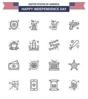 Line Pack of 16 USA Independence Day Symbols of sight landmark gun rail cart Editable USA Day Vector Design Elements