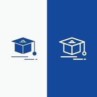 Cap Education Graduation Line and Glyph Solid icon Blue banner Line and Glyph Solid icon Blue banner vector