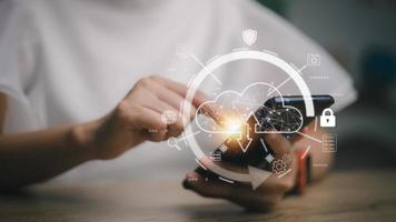 Cloud computing downloads and loading data information and upload it to the system network application. Technology transformation concept photo