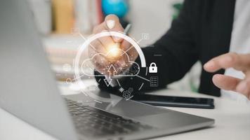 Cloud computing downloads and loading data information and upload it to the system network application. Technology transformation concept photo