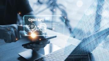 Chatbot Chat with AI, Artificial Intelligence. man using technology smart robot AI, artificial intelligence by enter command prompt for generates something, Futuristic technology transformation. photo