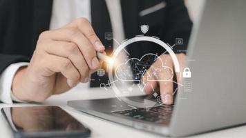 Cloud computing downloads and loading data information and upload it to the system network application. Technology transformation concept photo
