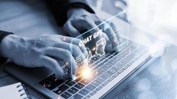 Chatbot Chat with AI, Artificial Intelligence. man using technology smart robot AI, artificial intelligence by enter command prompt for generates something, Futuristic technology transformation. photo