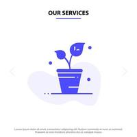 nuestros servicios hoja ecología primavera naturaleza sólido glifo icono plantilla de tarjeta web vector