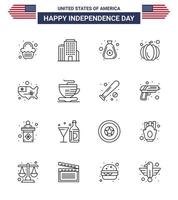 Set of 16 Modern Lines pack on USA Independence Day usa states money map pumpkin Editable USA Day Vector Design Elements