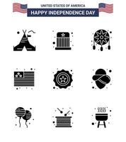 Modern Set of 9 Solid Glyphs and symbols on USA Independence Day such as badge american adornment usa country Editable USA Day Vector Design Elements