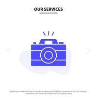 Our Services Camera Image Photo Picture Solid Glyph Icon Web card Template vector